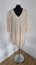 Next Sequin Feather Dress Beige UK 16 V Neck Christmas Party New