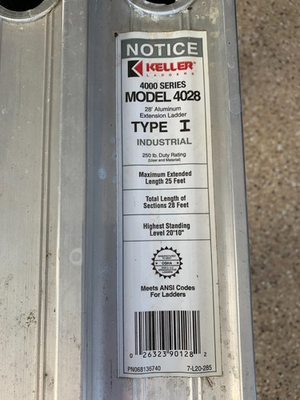 #ad #ad Keller 4000 Series Model 4028 28 ft Ind Extension Ladder 250 lb. Duty Rating $220.00