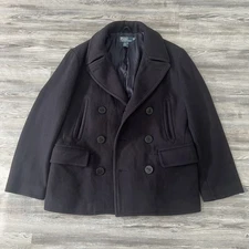 Polo Ralph Lauren Academy Classic Wool Navy Blue Pea Coat, Double Breasted Large