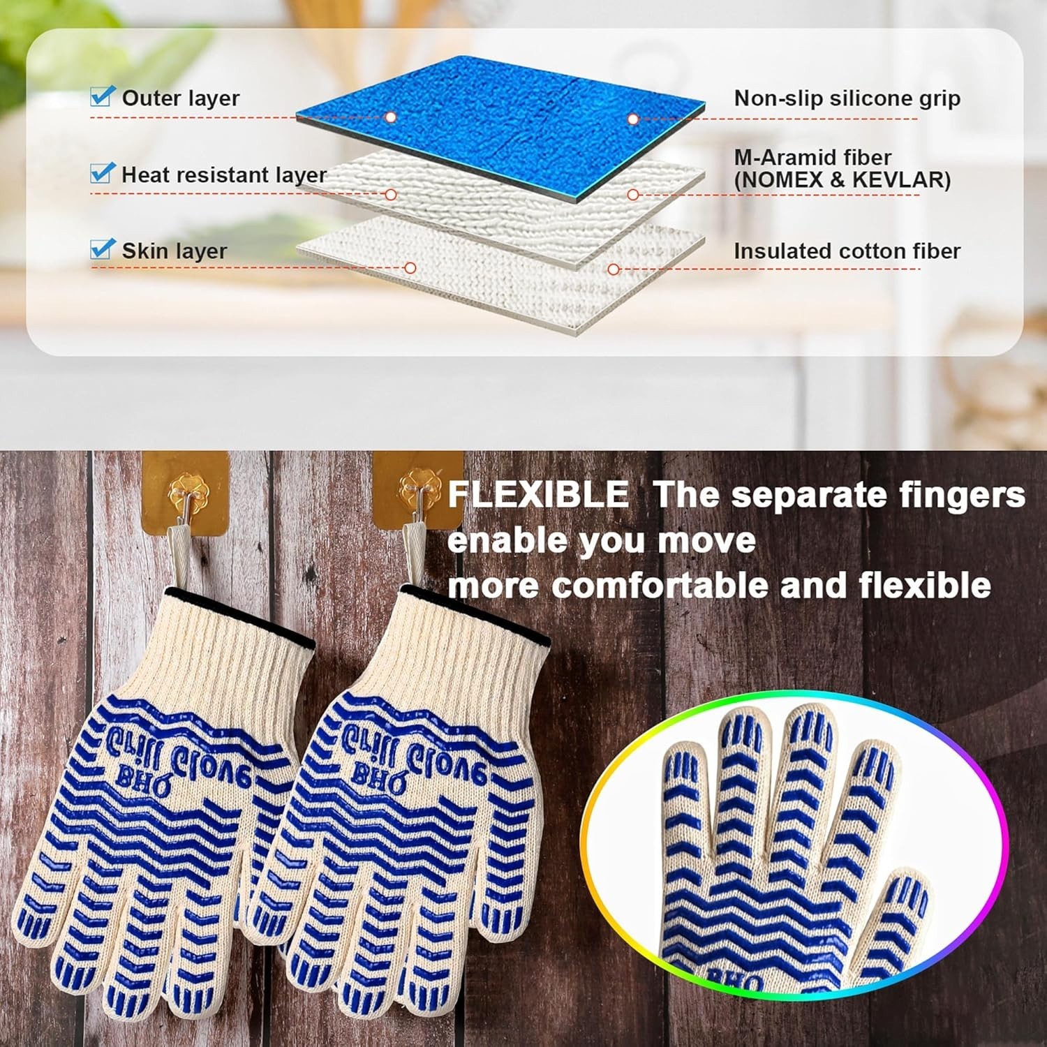 2 PCS Heat Resistant Oven Gloves - BBQ Gloves Grill Heat Resistant Cooking Gl...