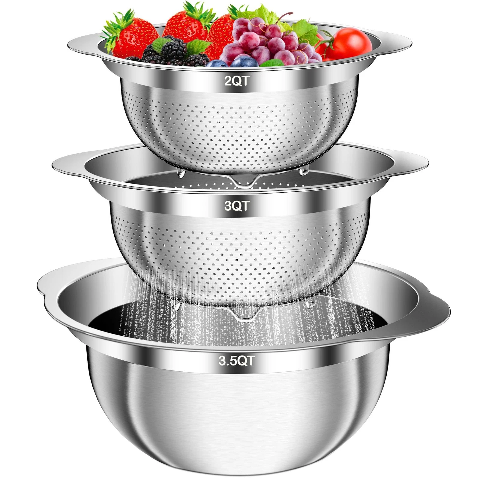 Colander, Stainless Steel Colander with Mixing Bowls (3.5QT), 3Pcs Strainer f...