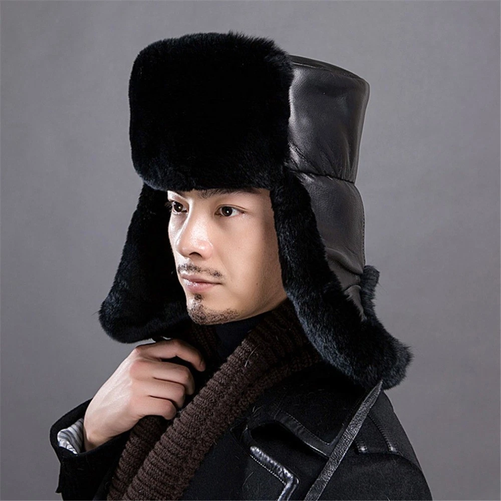 100% Real Rabbit Fur Hat Thicken Winter Warm Ushanka Earflap Cap for Men
