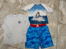 Lot 3 Boys Swim Trunks & Rash Guards Sz 10/12 Saint Eve Shark Red Blue White