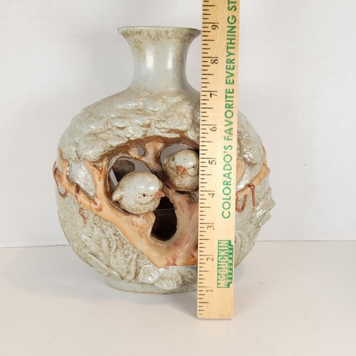 Rustic Ceramic Vase Tree Trunk Birds 9" Tall Votive Holder Decor Vintage Finch - Picture 14 of 19