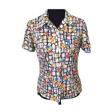 Vintage 70  s Red, Yellow Blue Floral Check Short Sleeve Disco Shirt