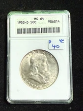 1953 D FRANKLIN HALF DOLLAR ANACS MS 64 *SOAP BOX*