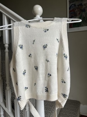 Divided by H&M Ivory/Blue Floral Knit Sleeveless Crew Neck Tie Back Sweater M
