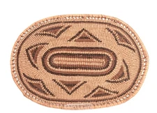 Hupa Oval Tray Basket   ca. 1920  Size .1875" H x 8.375" L x 5.75" W  Hand Woven