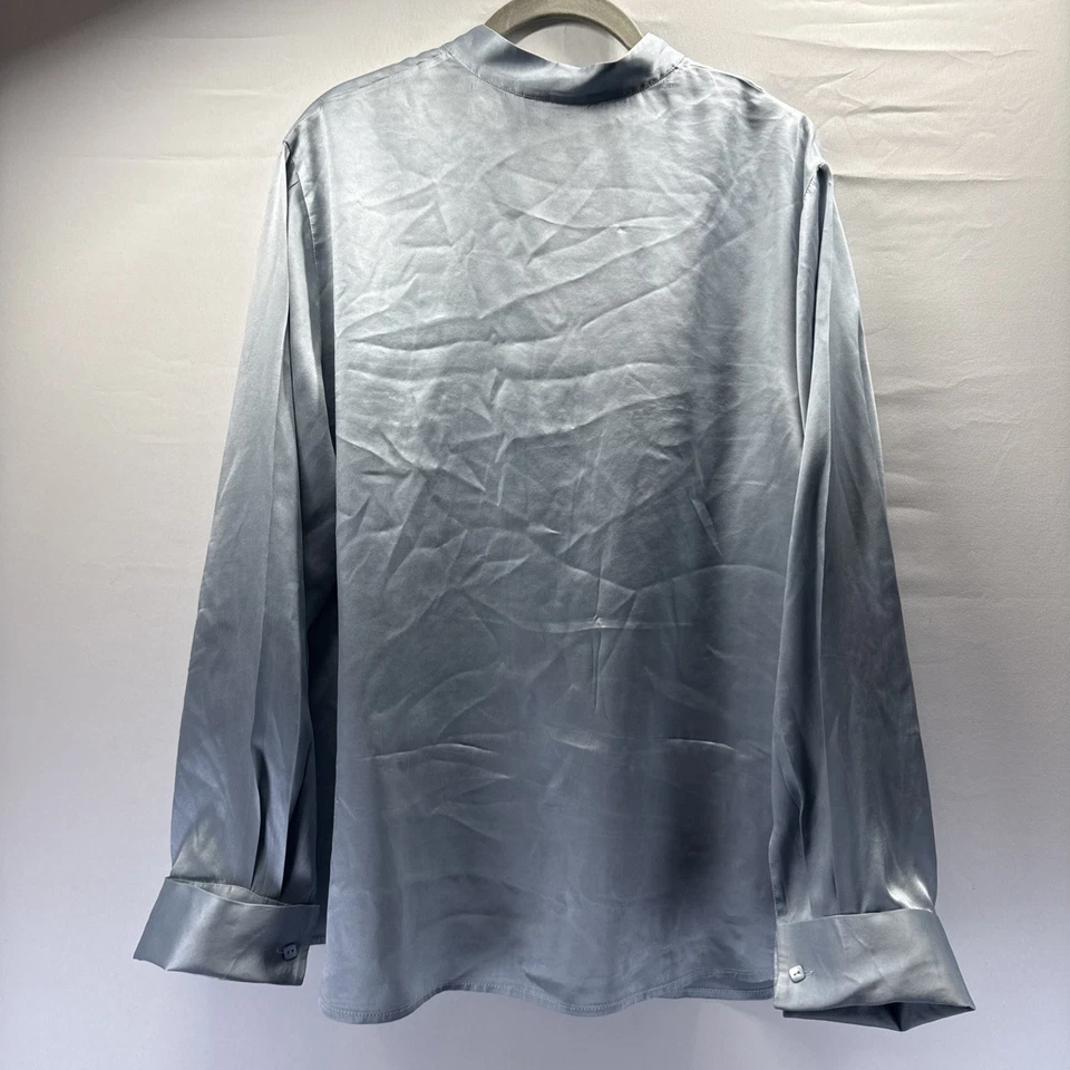 Blusa Top Kate Hill 100% Seda 18W Manga Larga Azul Puños Franceses Cuello Mandarín Foto 2 de 4