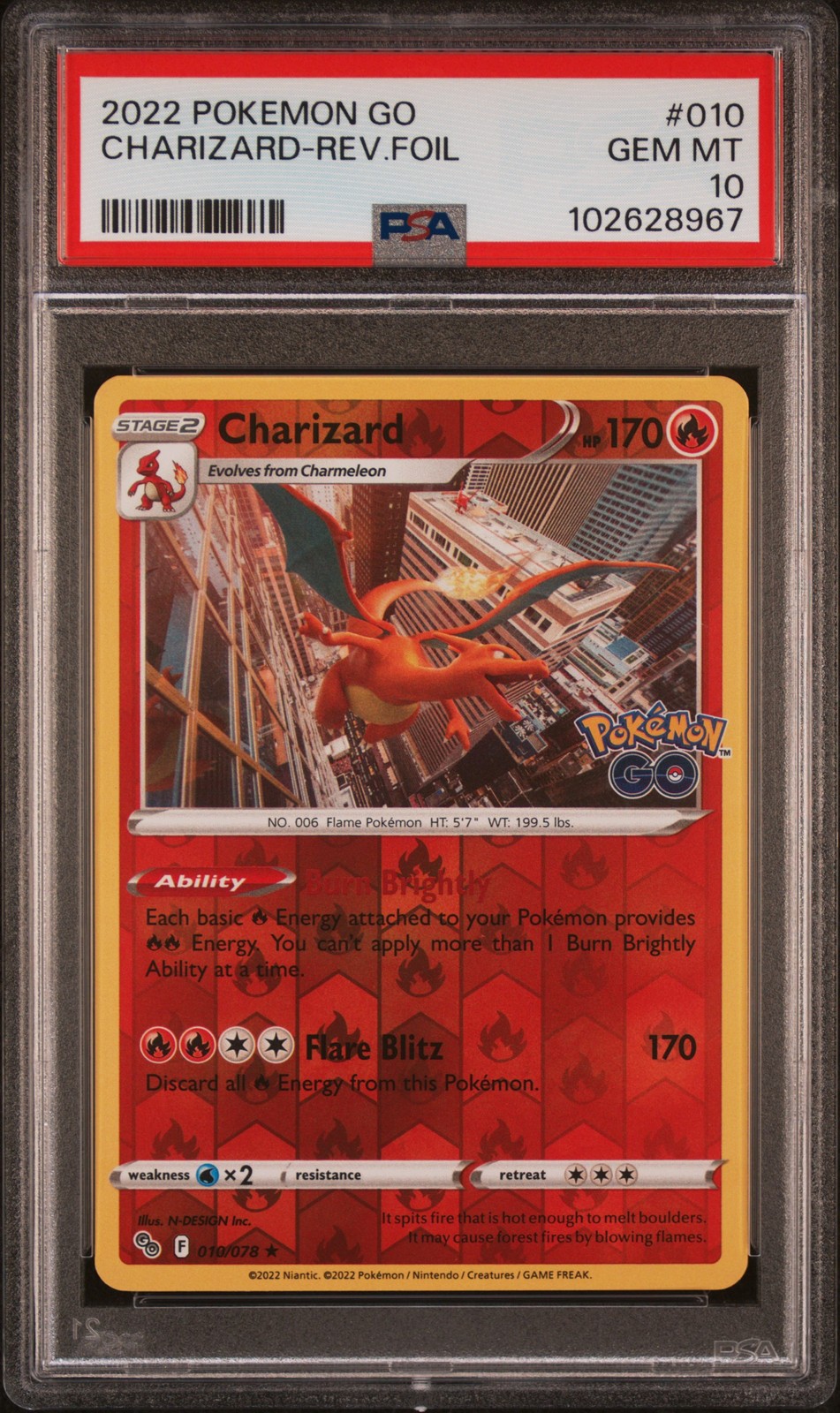 2022 POKEMON GO #010 CHARIZARD-REVERSE FOIL PSA 10
