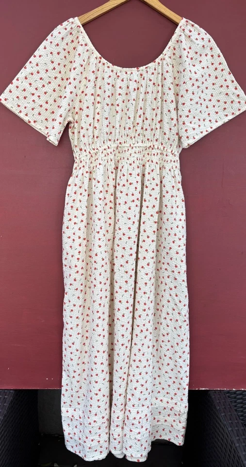 Hanna Anderson Dress Small Beige Red Floral Scoop Neck Maxi Cottagecore - Image 4 of 4