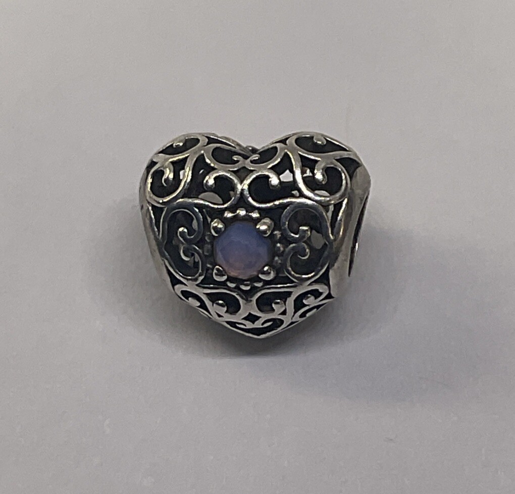 PANDORA 925 Silver October Birthstone Heart Charm Opalescent Openwork ALE