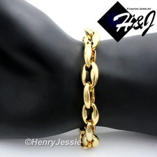 9"MEN Stainless Steel WIDE 12mm Gold Plated Puffed Mariner Link Chain Bracelet