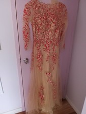 Beige gold mesh Gown with red lace.
