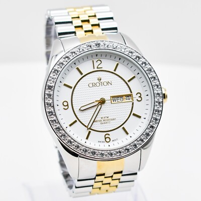 Croton Men's Silver Gold Wristwatch with White Topaz Gemstone Bezel
