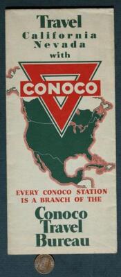 1936 Conoco Oil & Gas Service Station Travel Bureau California & Nevada Map +