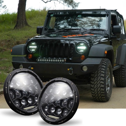 2Pcs 7" inch Black LED Headlight DRL For Ford Bronco PickUp F100 F150 F350 F250 - Picture 1 of 11