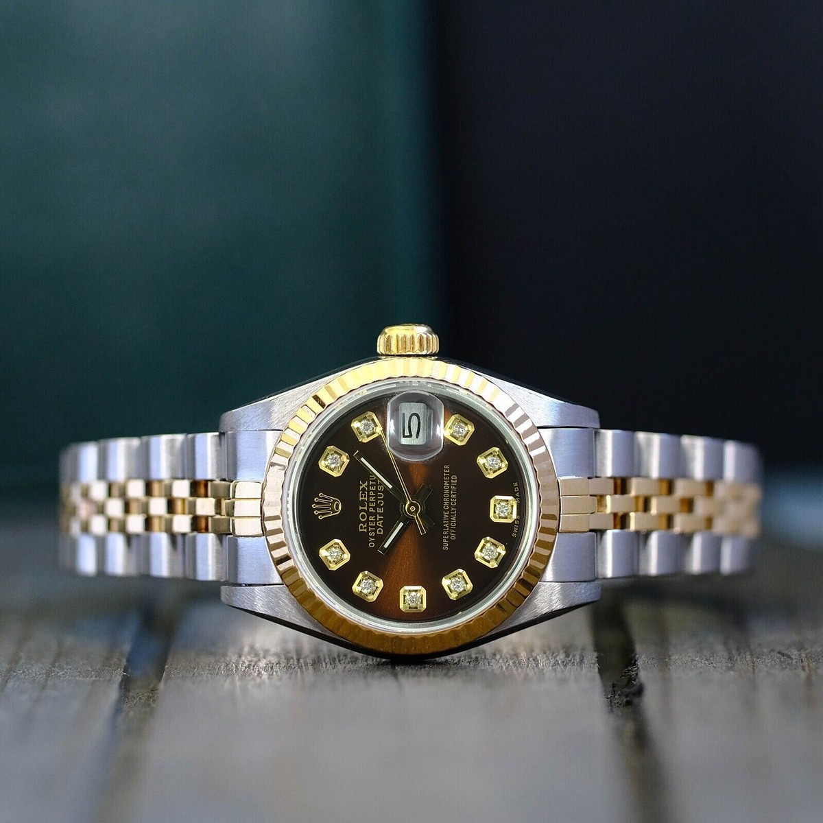 Rolex Datejust 69713 Ladies 18KY & SS Brown Diamond Dial Fluted