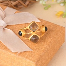18k Yellow Gold Plated Smoky  Black Onyx Handmade Ring For Women Jewelry Gift