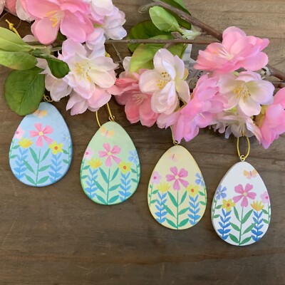 4 x Hängeei Osterdeko Pastell hell Blumen Holz Gisela Graham