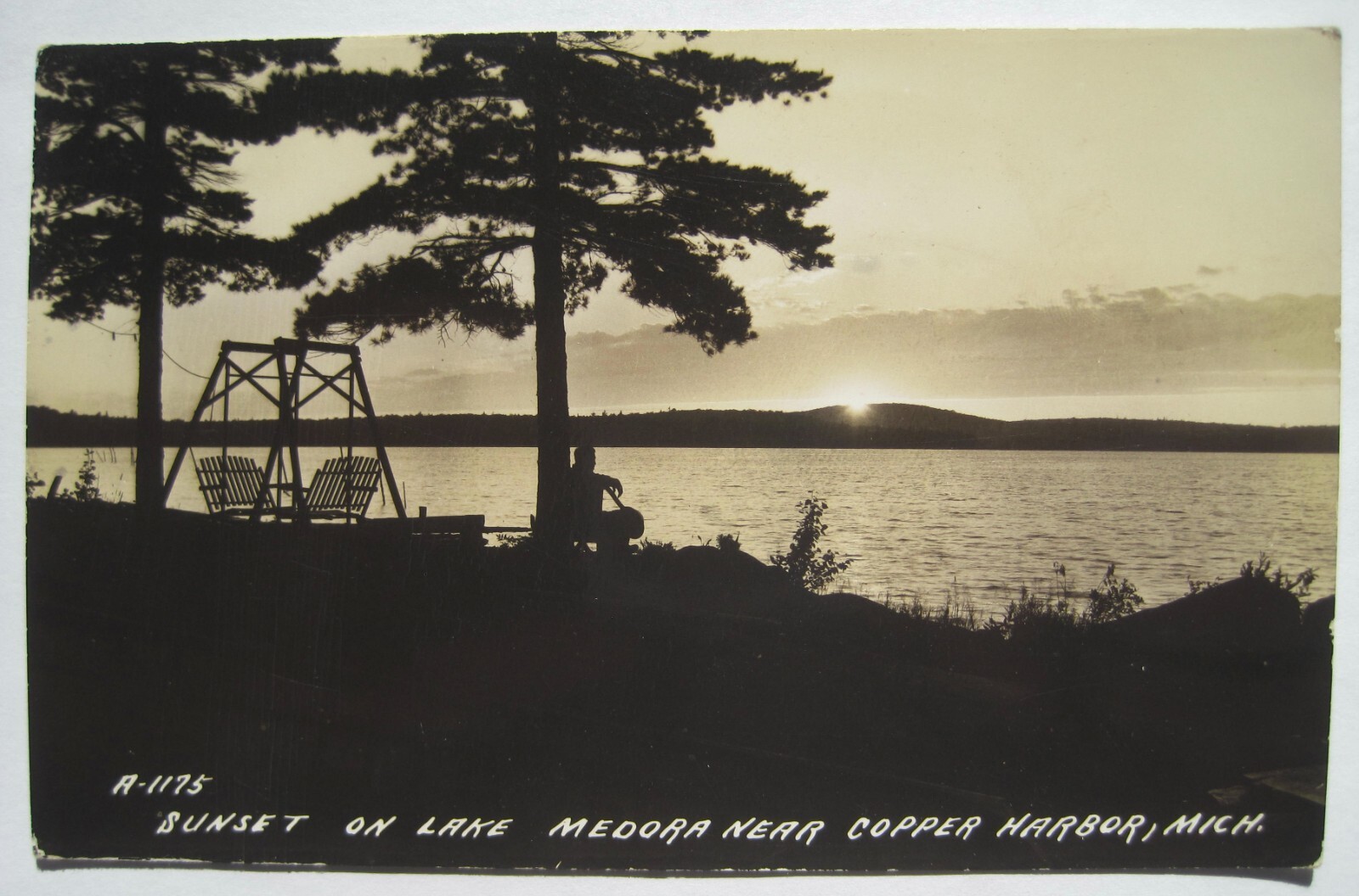 Sunset on Lake Medora near Copper Harbor MI Old 192542 RPPC Michigan