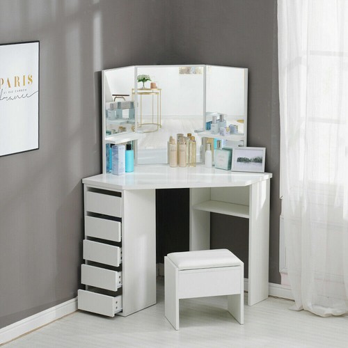 White 5 Drawers Dressing Table&Stool Set Corner Makeup Desk with Mirror