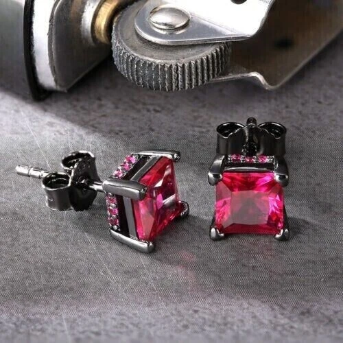 4Ct Princess Cut Created Red Ruby Solitaire Stud Earrings 14K Black Gold Plated - Image 3 of 4