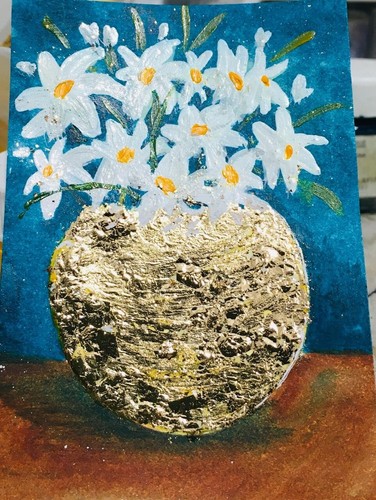 ACEO Original Gemälde Stillleben Gold Blumentopf Kunstkarte Miniatur - Bild 4 von 4