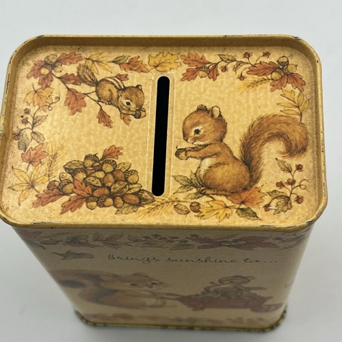 Vintage Tin Litho Fall Harvest Kitschy Animal Hallmark Coin Bank W/ Stopper - Picture 6 of 11
