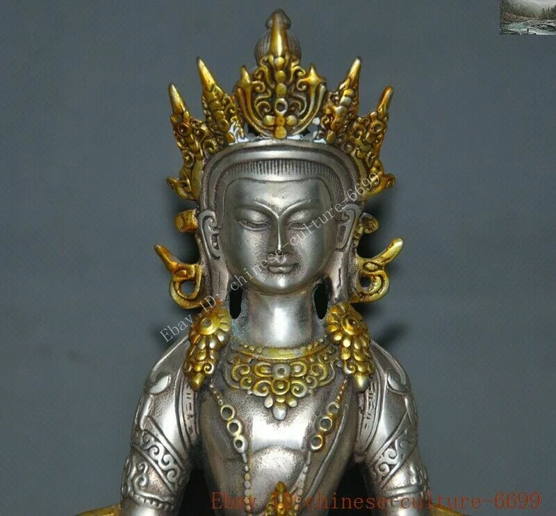 Tibet Budismo Tibetano Plata Dorado Kwan-Yin GuanYin Diosa Blanco Tarai Estatua Foto 2 de 4