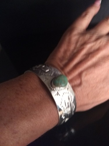 Unisex Native American Navajo Sterling Silver Turquoise Cuff Signed Elouise Kee - Picture 10 of 11