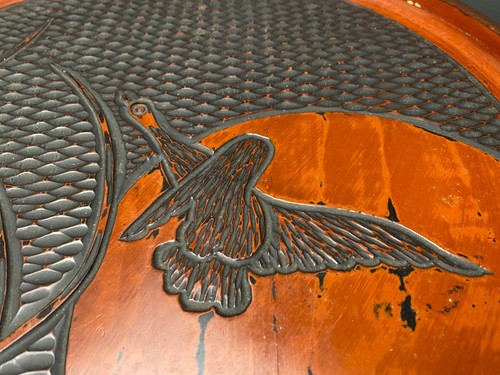 Japanese Hand Carved Wood Large Plate W16" by Eiko. Crane Lacquer Serving tray - Picture 4 of 10