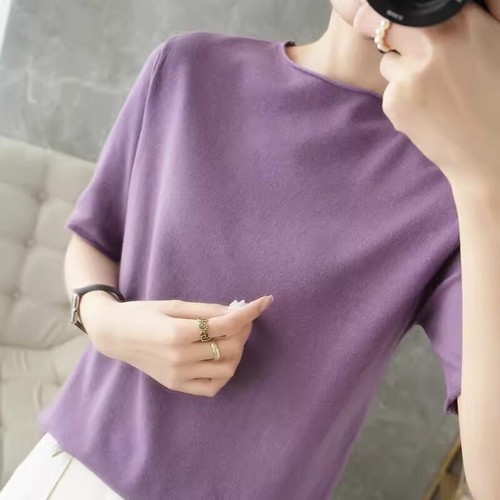 Women Knit Sweater Short Sleeve Jumper Thin Faux Cashmere Bottoming Shirt Slim - Picture 6 of 19