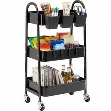 3Tier Rolling Cart Utility Mobile Metal Storage Lockable Wheels Hooks Black