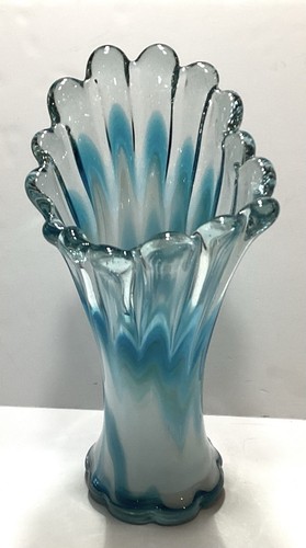 Unusual 11 3/4” Tall Blue And White Swung Vase Mid Century Modern Art Glass - Picture 2 of 9