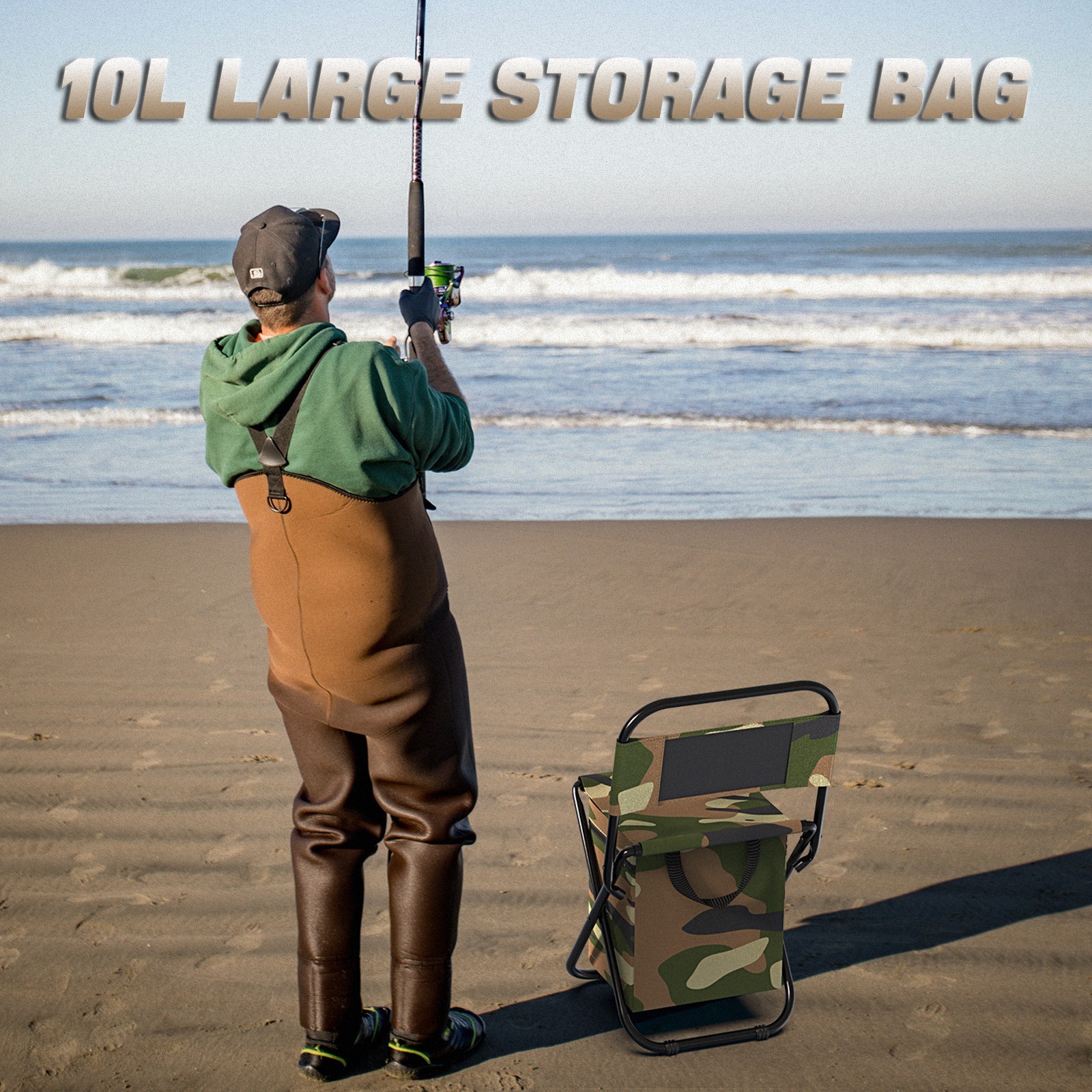 Camouflage Handbag Fishing Chair with Cooler Bag and Backrest Folding Camping St