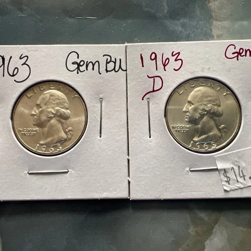 1963 & 1963 D SILVER WASHINGTON QUARTERS GEM BU