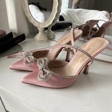 Dream Pairs Pink Satin Rhinestone Bow Pointed Toe Ankle Strap Stiletto Pump
