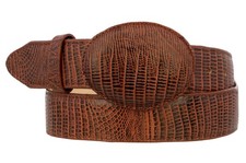 Cognac Leather Cowboy Belt Teju Lizard Pattern Rodeo Buckle Cinto Vaquero