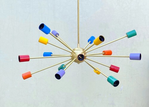 Whimsical Mid Century Chandelier – 16 Arm Brass with Rainbow Sockets - Picture 2 of 7