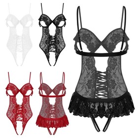 Women Lace Bodysuit Ruffled Trim Nightwear Romantic Lingerie Pajamas Leotard