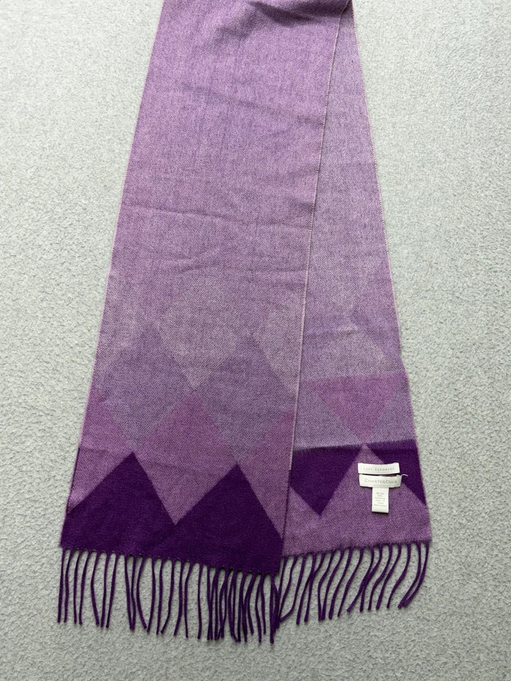 Bufanda Charter Club para mujer talla única púrpura ombre 100 % cachemir flecos geométricos Foto 3 de 4