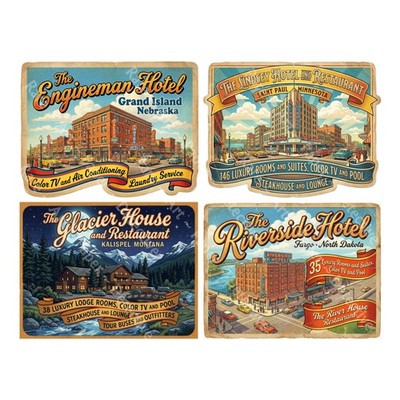 Retro Style Hotel Luggage Label Stickers, 4 Labels on 1 Cut & Peel Sheet, 1425