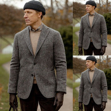 Gray Herringbone Men's Suits Jacket Casual Tweed Notch Lapel Jacket Winter Coat