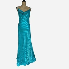 90s Y2K Monsoon Turquoise Long Bias Cut Slip Style Devore Dress UK 16/18 (US 14)