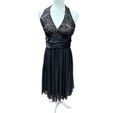 Maggy London Dress Halter Midi Formal Evening Fit & Flare Lace Overlay Black 8 
