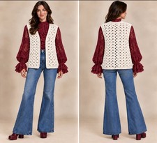 Handmade Crochet Vest Womens Ivory Cream Open Front Boho 70s Sweater Vest