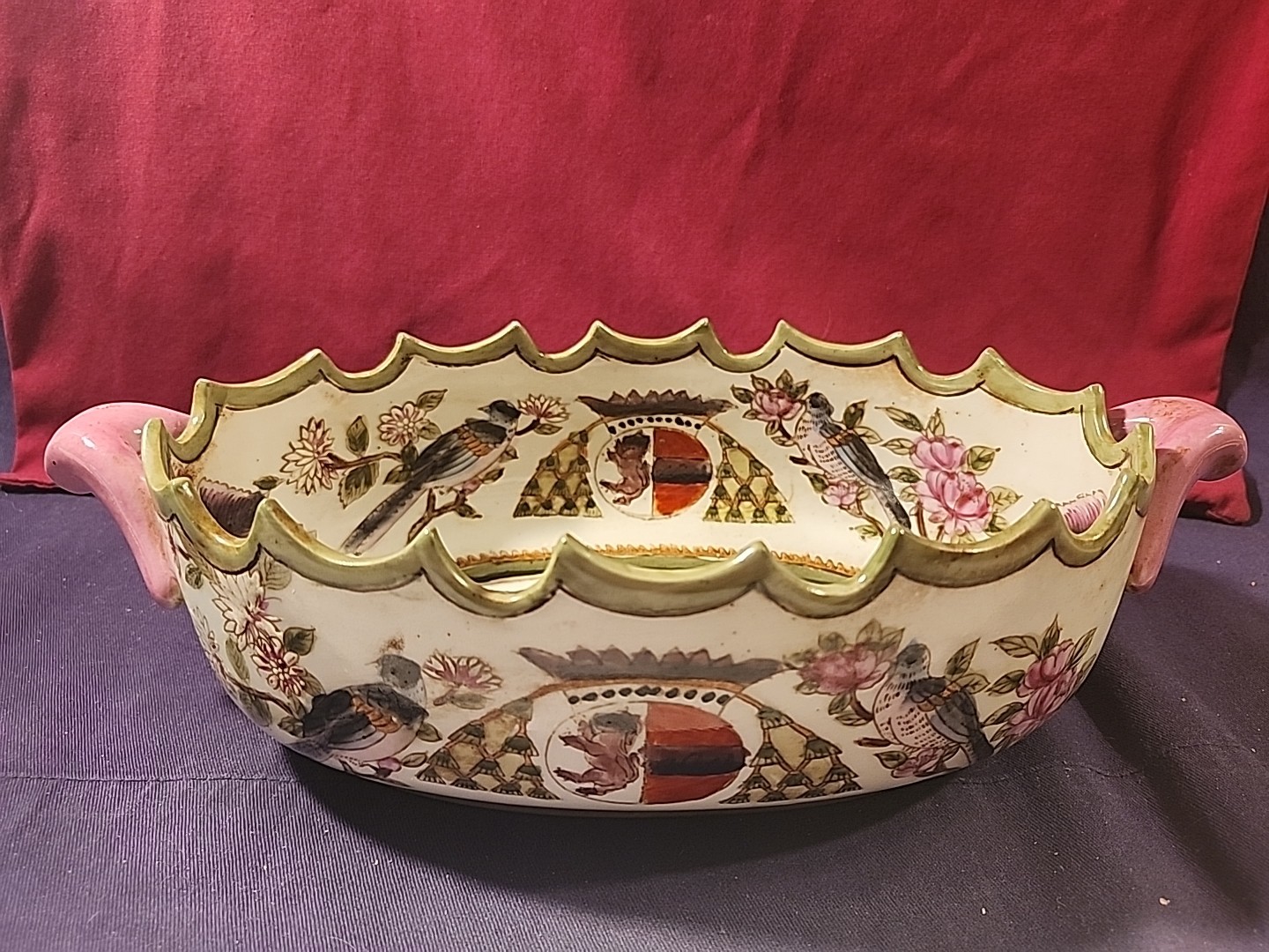 Vintage Chinoiserie Oval Bowl With Handles 6" x 12" Elk Birds Crest