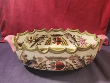 Vintage Chinoiserie Oval Bowl With Handles 6" x 12" Elk Birds Crest