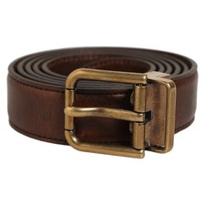 DOLCE & GABBANA Belt Brown Leather Gold Tone Metal Buckle 100cm / 40in 370usd